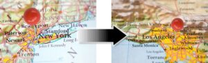 A gradient arrow pointing from a blurry map to a clear map.